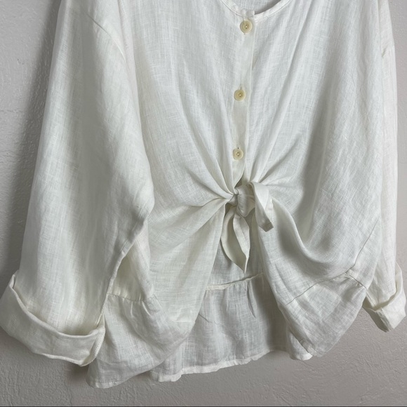 FLAX Linen White Button Down Long Sleeve Button Up Ruffle Hem Blouse M - Picture 7 of 10